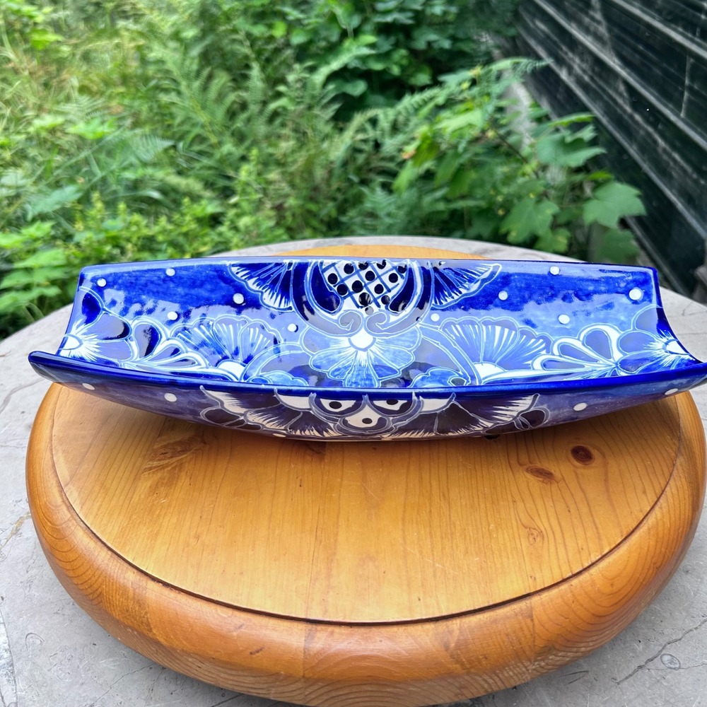 Vintage Boat Bowl Centerpiece Large Blue White Floral Mexican Talavera Pottery